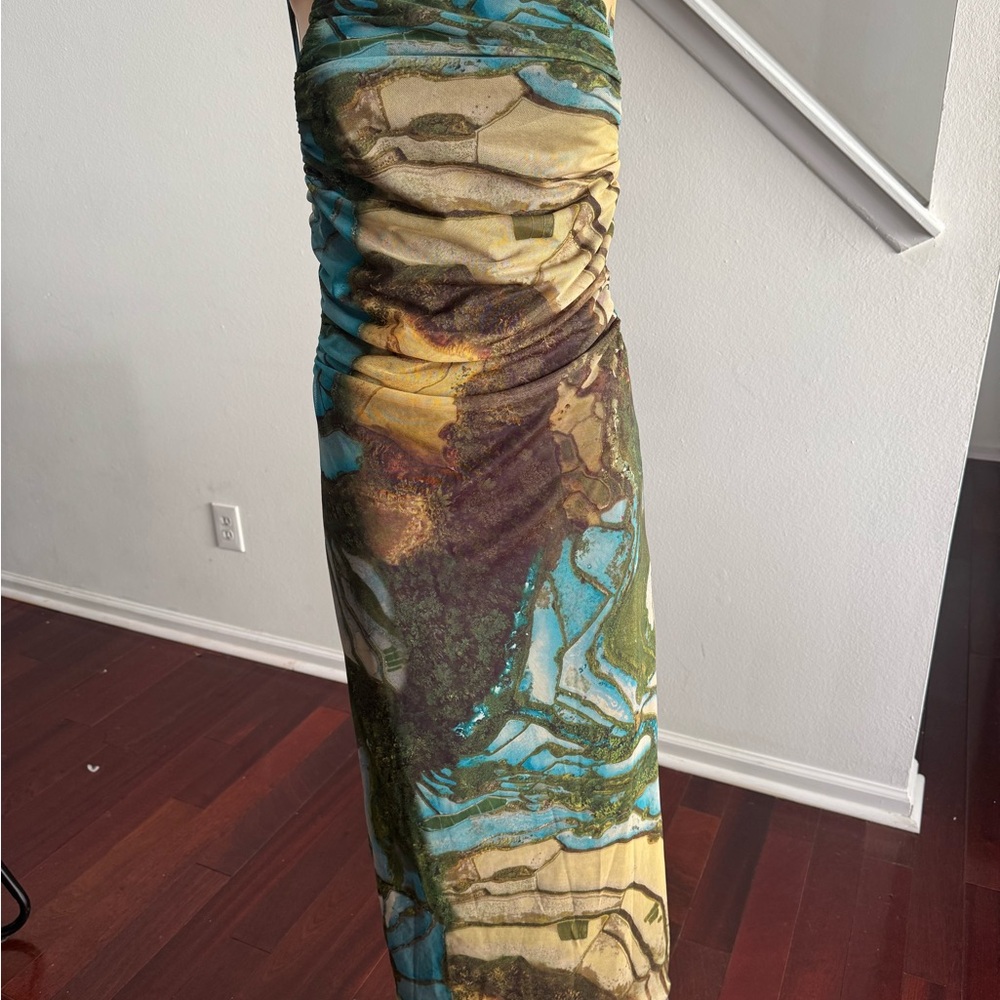 Zara Multicolor Ruched Strapless Dress — Teal, Olive, Gold size M